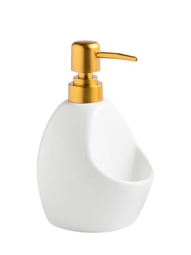 Image of Ceramic Soap Dispenser with Sponge Holder - White Refillable Dish Soap Dispenser for Kitchen Sink, 2-in-1 Sink Organizer with Pump Bottle & Tray - Modern Farmhouse Countertop Accessory