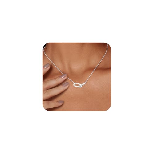 HERIER Silver Necklace for Women Dainty Silver Diamond Pendant Necklaces Simple Paperclip Pendant Choker Necklaces Cute Cubic Zirconia Necklaces for Women Jewelry Trendy