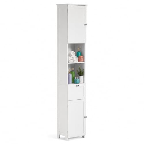 Basicwise White Tall Narrow Linen Tower Cabinet Freestanding Bathroom Storage Organizer with Shelves for Towels Toiletries Vanity Laundry Room Hallway Apartment Small Spaces Space Saving Furniture