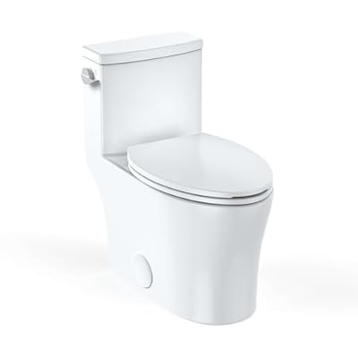 Elongated Toilet for Bathrooms, One-Piece Toilet with Soft Close Seat, Powerful & Quiet Left Side Trip Lever Flush 1.28 GPF, Ceramic Crisp White 12" Rough-In