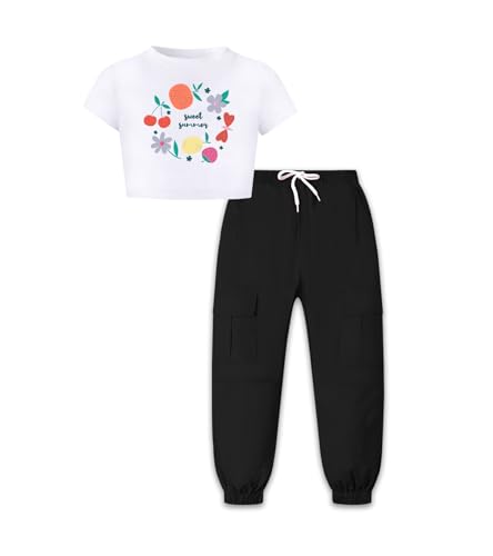 Image of Betusline Cute Clothes for Teen Girls, White Prined Short Sleeve Crop Tops and Black Cargo Jogger Pants Outfits, 11-12 Years = Tag 160