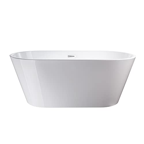 Vanity Art 59" X 29.5" Non-Slip White Acrylic Freestanding Bathtub Modern Stand Alone Soaking Tub With Overflow And Pop-Up Drain Va6815-Nsw #TOP7