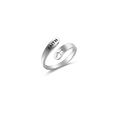 Caiyao Stainless Steel Christian Cross Engraved Love Faith Hope Blessed Ring Polished Opening Adjustable Letter Religious Ring for Women Men Birthday Jewelry Gift-D faith