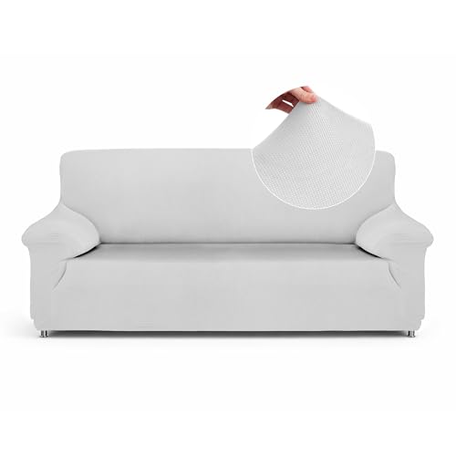 Textilhome Funda de Sofá Elástica Ajustable TEIDE, 3 Plazas (180-240 cm), Cubre Sofá Protector Universal con Espuma Antideslizante, Color Blanco - Protección y Ajuste