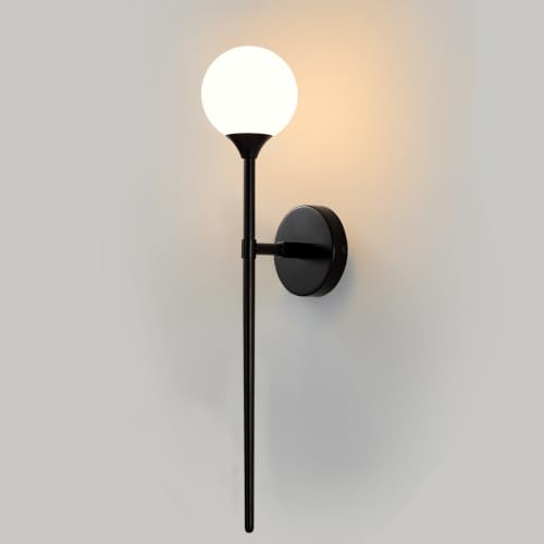 Image of Single Black Globe Glass Wall Sconce with Milk White Glass Shade