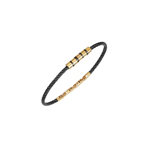 Breil, Collezione Loop, Bracciale Uomo In Acciaio, Design Contemporaneo, Sottili Cavetti In Acciaio Colorato, Tag Con Linee Pulite E Minimal, Pratica Chiusura Regolabile 17.5-20.3 Cm, Color Nero-Gold-image