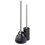 mDesign Compact Freestanding Plastic Toilet Bowl Brush and Plunger Combo Set with Holder for Bathroom Storage and Organization - Sturdy, Heavy Duty, Deep Cleaning - Black/Brushed Stainless Steel