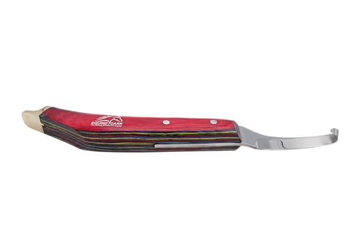 Image of Equine Care Farrier Hoof Knife, Left-Handed, Brass Cap for Horse Shoeing | Left-handed farrier hoof knife with J2 stainless steel blade, notched brass shoe topper, layered handle and flat thumb rest