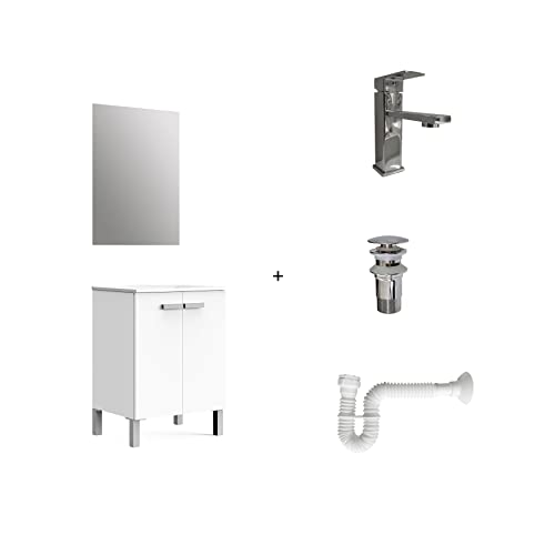 Baikal Pack solución Completa. Incluye: Mueble de Baño, Lavabo cerámico, Grifo, Sifón Extensible y Válvula de desagüe, MONTADO. Entrega Todo en uno. 2 Puertas con Espejo 60 cm Blanco, 282834131