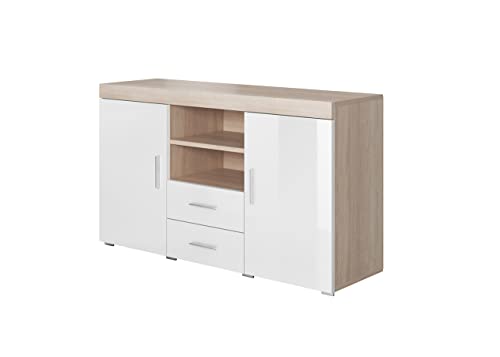 MB Muebles Bonitos | Buffet Bahut Meuble Salon Salle à Manger avec 2 Portes et 2 tiroirs | Modèle Roque | 140 x 80 x 40 cm | Finition Brillante Couleur Sonoma (Mate) et Noir