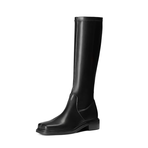 vivianly Women's Knee High Boots Zipper Square Toe Platform Trendy Low Chunky Heels Boots4