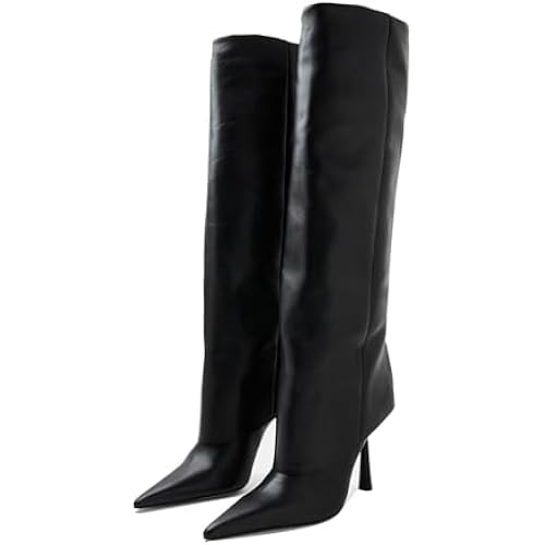 Goolita Fold Over Boots For Women, Pointed Toe Stiletto Heel Knee High Boots Fashion Comfortable Slip On Tall Boots