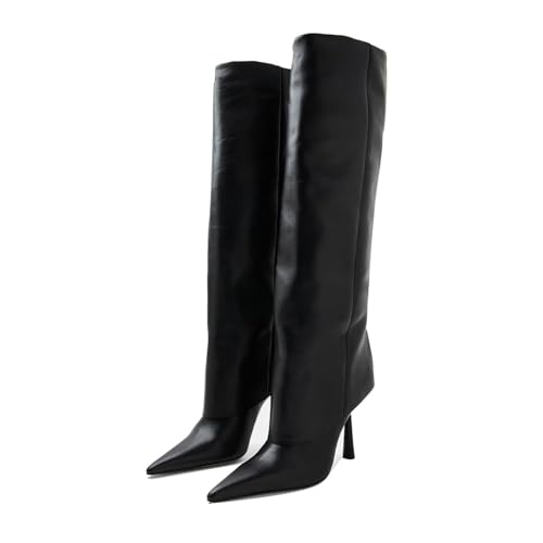 Image of Goolita Fold Over Boots For Women, Pointed Toe Stiletto Heel Knee High Boots Fashion Comfortable Slip On Tall Boots
