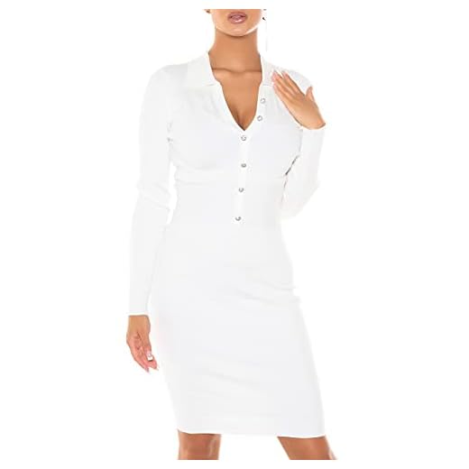 Midi Midi-stickad klänning med krage och V-hals, Vit, En Storlek