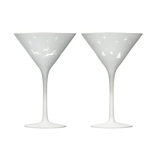Wonderland White & Gold Martini 8.5oz Set of 2 | Lead-Free Glass | Laser Etched Winter Wonderland | Set of 4 Martini Cocktail Glasses