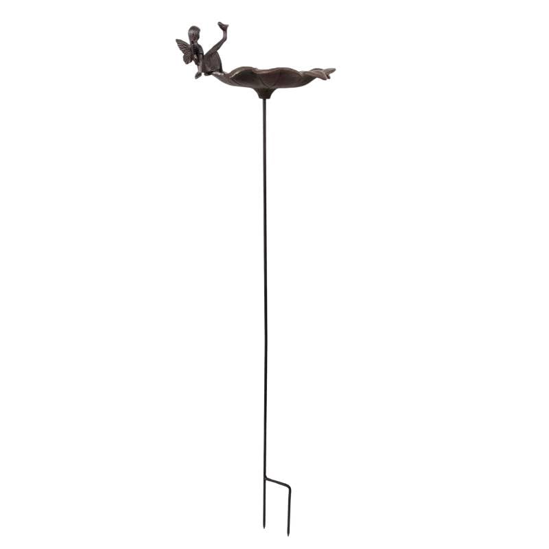 L'Héritier Du Temps Vogeltränke auf Stab, Vogeltränke, Vogelhaus, aus Gusseisen, Braun, Weihkpfer mit Vögeln, Motiv Fee, 28 x 28 x 123 cm
