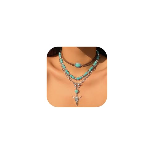 CSIYANJRY99 Layered Western Necklaces for Women Vintage Turquoise Beaded Western Jewelry for Women Ox-head Cactus Cross Chain Necklaces Country Concert Cowgirl Dresses Accessories