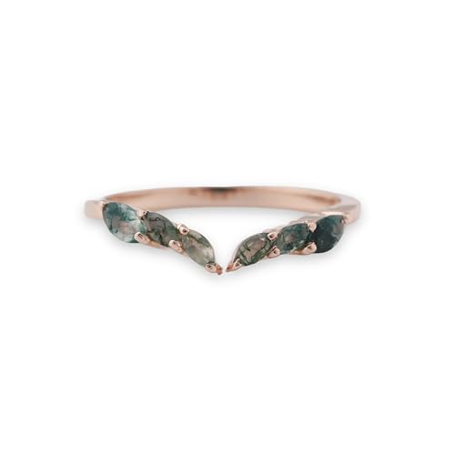 Generic Marquise cut Moss agate Wedding Band Unique Rose gold Moss Agate Curved Wedding Band Vintage Art deco Bridal Open Stacking ring Promise ring BY COSMICJEWELCRAFTS, Green, CO-SM-1010