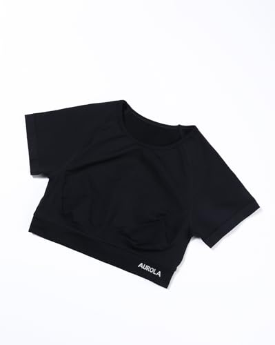 AUROLA Influence Crop Top Workout Shirts for Women, Ultra-Soft Seamless Gym T Shirts Short Sleeve Running Workout Tops,Black,M
