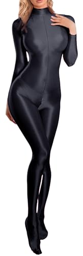 Maeau Damen Bodystocking Öl Glänzend Yoga Overall Reißverschluss Sportbody Rollkragen Ganzkörperanzug M