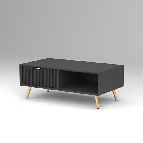 Image of ONIJA Modern Coffee Table for Living Room | HDMR Premium Wood Center Table with Storage Shelf | Matte Finish Coffee Table | Wooden Tea Table with Sturdy Legs (Black)