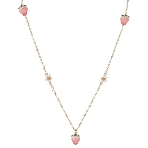 Strawberry Necklace for Women - Gold Plated Brass Fruit Jewelry, Floral Charm Pendant Gift, Cute Dainty Fashion Accessories (White Flower Pink Strawberry)2