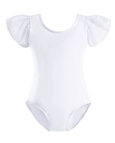 Stelle Girls Leotards Black Ballet Dance Leotards Ruffle Short Sleeve Gymnastics Outfits (White 90)