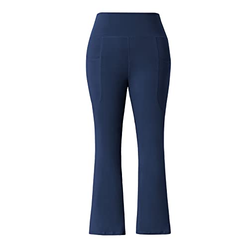 Honwenle Women's Plus Size Bootcut Yoga Pants with Pockets High Waisted Tummy Control Bootleg Flared Wide Leg Pants Loose Fitting 2X 3X 4X 5X Navy Blue