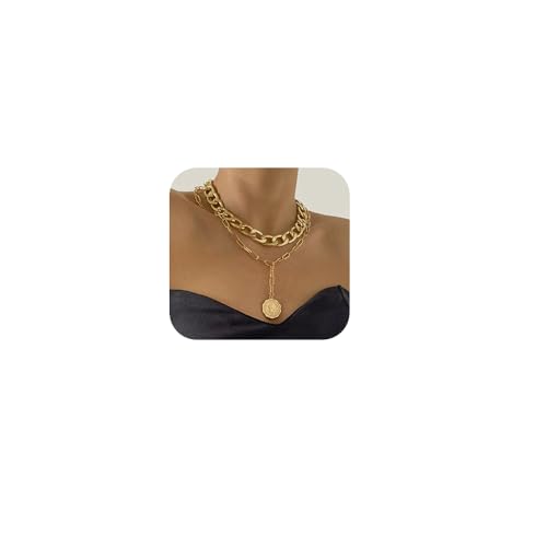 JWICOS Gold Boho Cuban Chunky Necklace Layered Dainty Paperclip with Coin Pendant Choker Chain for Women (Gold)