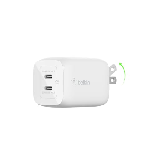 Image of Belkin 65W Dual USB C Charger Block, Super Fast Charging PD3.0 w / GaN Technology - Samsung Galaxy S25, Apple iPhone 17, Air, Pro, Pro Max, iPad, MacBook, AirPods, Nintendo Switch 2 & More - White