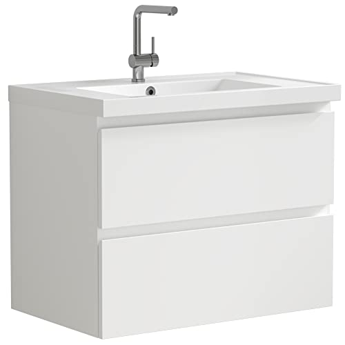 Jpnd 30" Bathroom Vanity With Sink Combo Wall Mounted Storage Cabinet Set With Two Soft Close Drawers, Modern Design With Invisible Handle, Resin Basin Sink Top, White (Faucet And Drain Not Included) #TOP8
