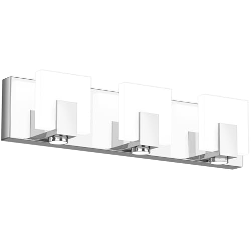 Image of SOLFART Bathroom Vanity Lights Over Mirror 3 Lights Modern Chrome Bath Light Fixtures Stainless Steel Acrylic Shade