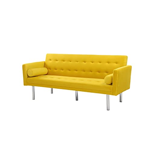Lch Bed, 68.5" Modern Velvet Convertible Folding Lounge Couch,Upholstered Twin Size Sleeper Sofa With Arm 2 Pillows Split Back Design And Silver Metal Legs For Compact Space,Yellow #TOP2