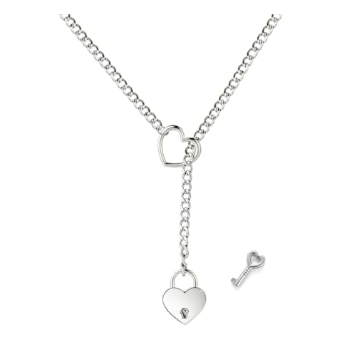MIFYNN Heart Lock Slip Chain Necklace for Women Silver Lock with Key Necklaces Stainless Steel Cuban Long Necklace Punk Rock Collar Handmade Adjustable Lariat Y Necklace (Silver lock) Cover