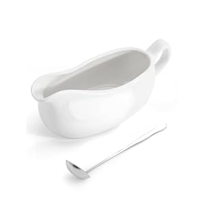 LoeJan Gravy Boat with Spoon, Ceramic Sauce Serving Dish, Easy-Pour Big Dripless Lip Spout Serveware Set For Salad Cream Milk Broth Black Pumpkin Thanksgiving (14 OZ)