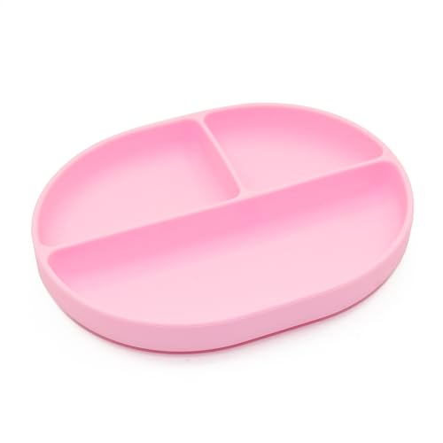Silicone Suction Plate for Babies and Toddlers - Non-Slip Design with Suction Base, Oval Plate for Weaning and Highchair Use - BPA-Free, Hypoallergenic, Easy to Clean and Store (Vibrant Pink)