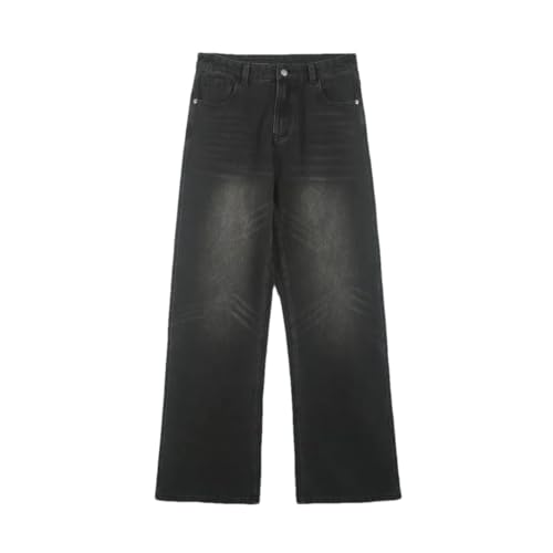 Men’S Retro Washed Jeans Mid Waist Loose Fit Wide Leg Denim Pants High Street Style Zipper Fly Solid Color Jeans