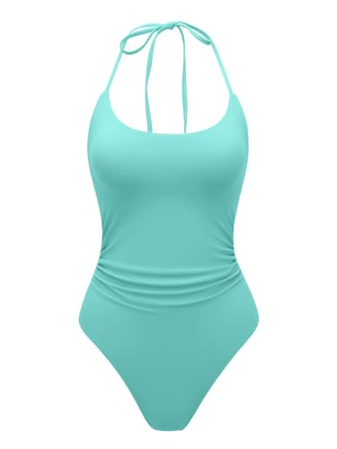 Image of LASLULU Womens One Piece Swimsuits Halter Bathing Suit | Ruched Tummy Control,Cute and Sexy Swimwear,High Cut Cheeky Backless Full Coverage,Swim Suits for Women 2026