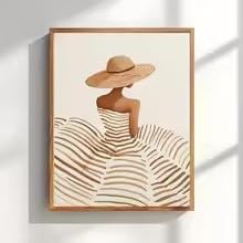 BMGKYAGL Minimalistyczny plakat na płótnie "Kobieta z kapeluszem przeciwsłonecznym", neutralny beżowy obraz ścienny w stylu bohemy do sypialni i salonu (30 x 45 cm/rama wewnętrzna)