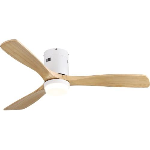 Pangshiyuan Ventilador de techo de 132 cm con luz LED, 3 alas de madera maciza, motor CC silencioso, 6 posiciones, marcha atrás, mando a distancia, montaje plano, para sala de estar, color blanco