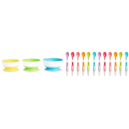 Image of Munchkin® Stay Put™ Suction Bowls for Babies and Toddlers, 3 Pack, Blue/Green/Yellow & ® Soft Tip™ Infant Spoons, 12 Count (Pack of 1)
