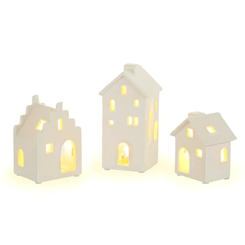 Staymoment Casas de luz de Navidad con iluminación: juego de 3 luces LED para casa de Navidad, casa de luz, decoración de Navidad, casa de luz, color blanco, casa de luces de porcelana, pueblo