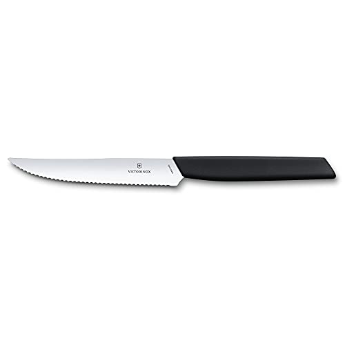 Victorinox Swiss Modern, juego de cuchillos profesionales para carne, 2 piezas, hoja extra afilada, filo dentado, 12 cm, acero inoxidable, negro