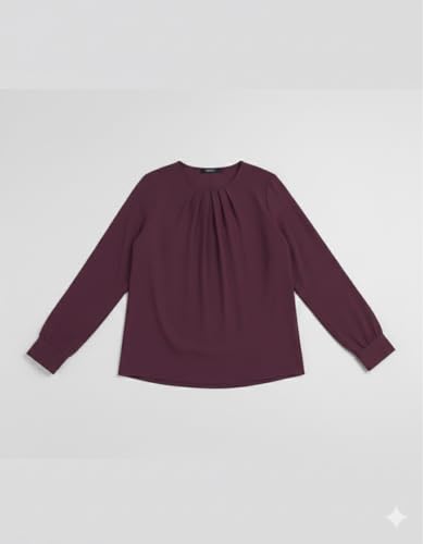Image of Mirana Women's Full Sleeve Solid Top | Round Neck Pleated Front Regular Fit Office Casual Blouse with Button Cuffs