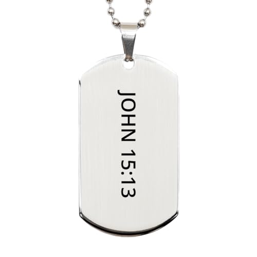 Bible Verse Silver Dog Tag, John 15:13 Motivational Inspirational Gifts Faith Engraved Stainless Steel Chain Necklace For Men Women