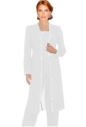 3 PC Mother of The Bride Pants Suits for Wedding Chiffon Beaded Wedding Guest Outfit for Women