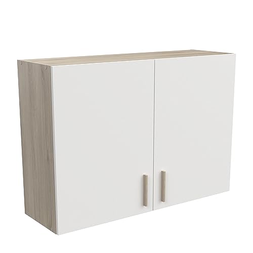 Meuble Haut de Cuisine Modulable 2 Portes - Cuisine Complete ‟Origan” – Coloris Blanc Mat & Chêne - 100 x 30 x 70 cm