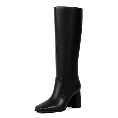 Image of Knee High Boots Women Square Toe Chunky Heel Fashion Tall Boots | Block Heel Gogo Boots with Side Zipper,Fashion Heeled Fall Winter Boots,Long Dressy Boots for Women