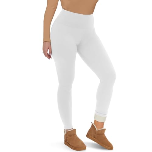 CAMPSNAIL Fleece Lined Leggings Women - Thick Soft High Waisted Black Tummy Control Thermal Warm Velvet Pants for Cold Winter White Large