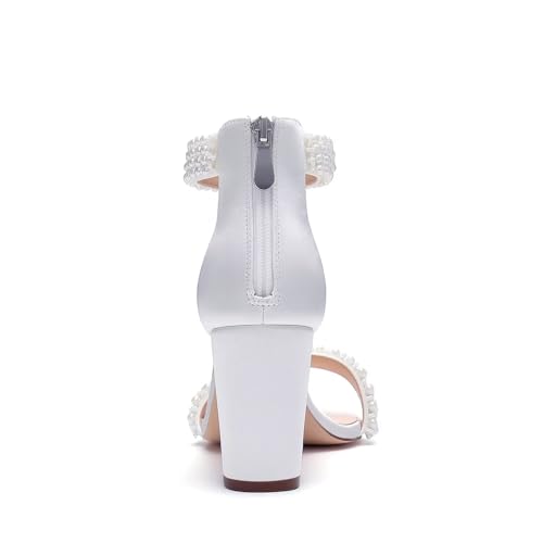 Image of Block Heel Wedding Sandals Pearl Heels Open Toe Wedding Shoes for Bride Bridal Shoes